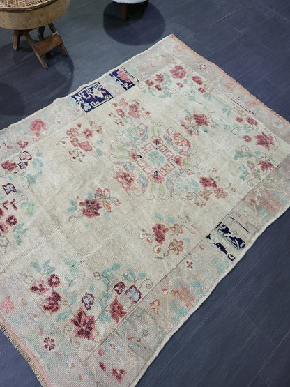 TURKISH Oushak Rug, Vintage 4 x 5.7 Rug, Vintage Persian Rug, Wool Oushak Rug, Handmade Rugs, Vintage Turkish Rug