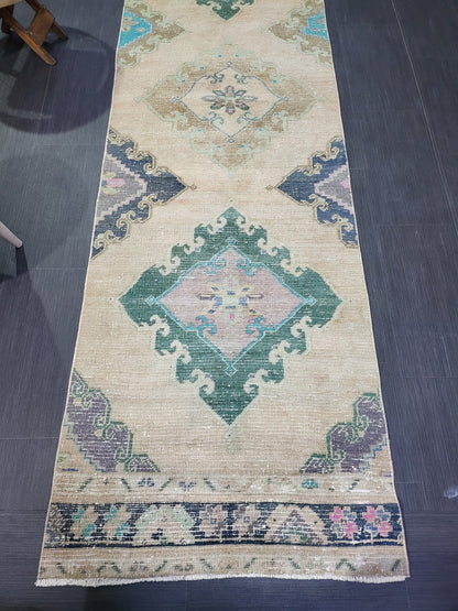 Antique Handmade Runner RUG, TURKISH Oushak 2.10 x 12.7 Rug, Vintage Runner Rug,Vintage Runner Rug Wool Oushak Rug Hand Knotted Rug
