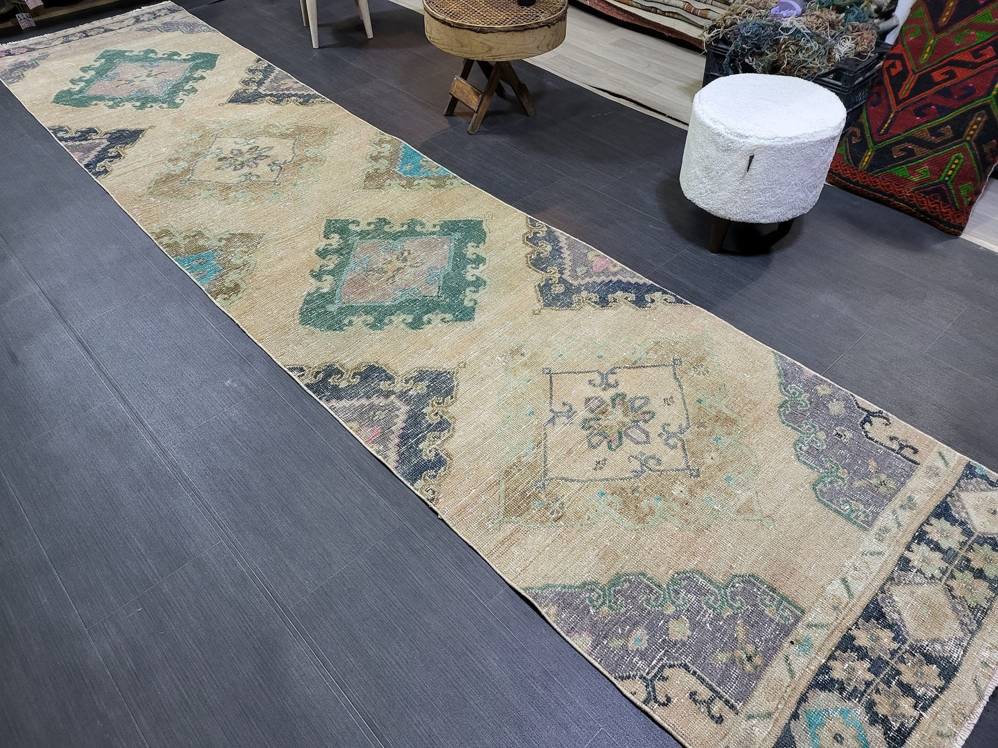 Antique Handmade Runner RUG, TURKISH Oushak 2.10 x 12.7 Rug, Vintage Runner Rug,Vintage Runner Rug Wool Oushak Rug Hand Knotted Rug