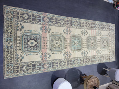 Handmade Oushak Runner Rug, Turkish Runner Rug, Vintage Runner 4.7 x 11.6 Rug, Hallway Runner Rug Kitchen Runner Rug Wool Runner Rug