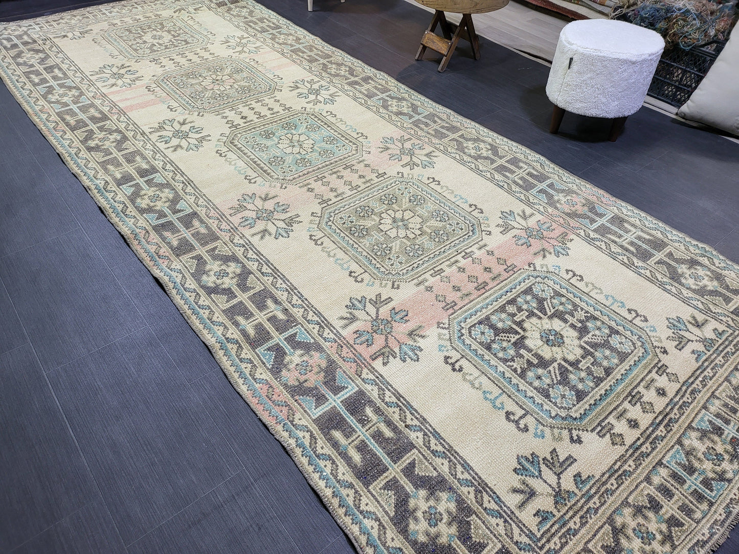 Handmade Oushak Runner Rug, Turkish Runner Rug, Vintage Runner 4.7 x 11.6 Rug, Hallway Runner Rug Kitchen Runner Rug Wool Runner Rug