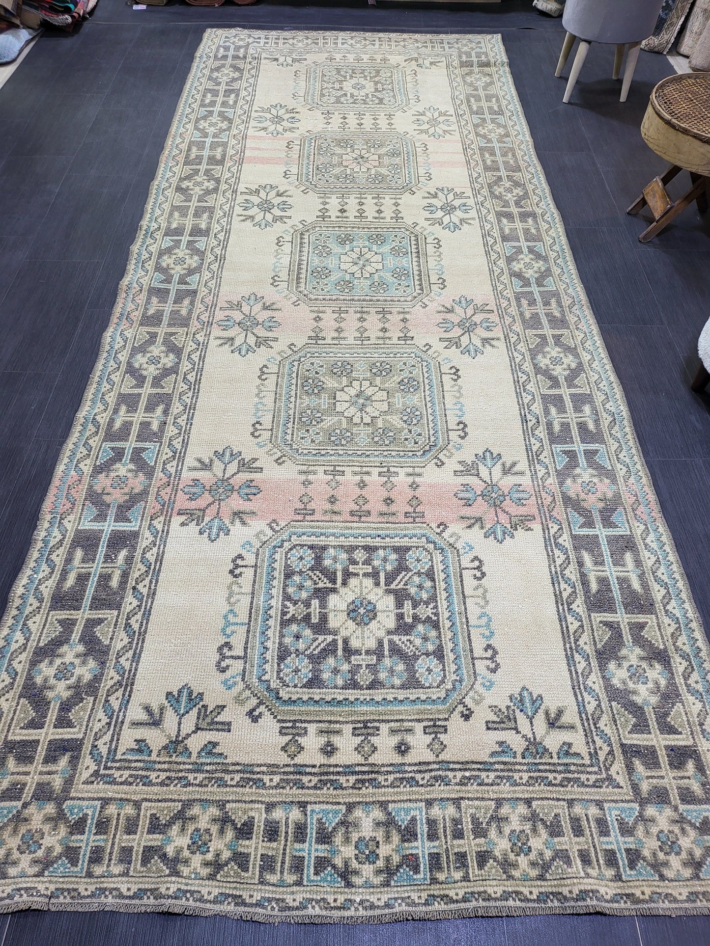 Handmade Oushak Runner Rug, Turkish Runner Rug, Vintage Runner 4.7 x 11.6 Rug, Hallway Runner Rug Kitchen Runner Rug Wool Runner Rug