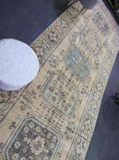 Muted Oushak Runner Rug, Turkish Runner 4.6 x 12 Rug, Vintage Runner Rug, Muted Hallway Runner Rug, Kitchen Runner Rug, Wool Handknotted Rug