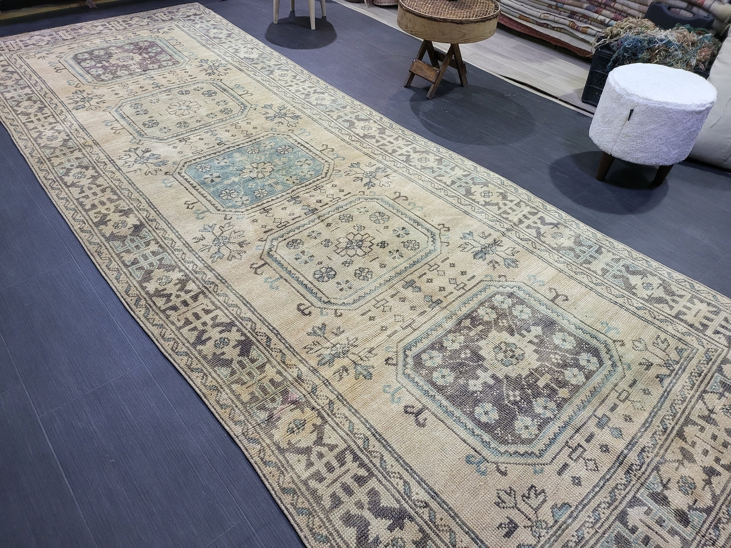 Muted Oushak Runner Rug, Turkish Runner 4.6 x 12 Rug, Vintage Runner Rug, Muted Hallway Runner Rug, Kitchen Runner Rug, Wool Handknotted Rug