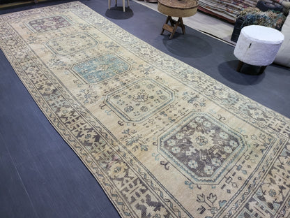 Muted Oushak Runner Rug, Turkish Runner 4.6 x 12 Rug, Vintage Runner Rug, Muted Hallway Runner Rug, Kitchen Runner Rug, Wool Handknotted Rug
