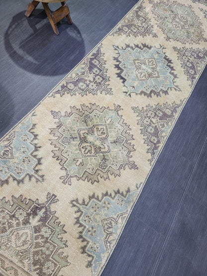Antique Oushak Runner Rug,Turkish Runner Rug, Vintage Runner 2.8 x 11.2 Rug, Hallway Runner Rug, Grey Blue Oriental Runner Rug