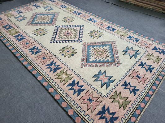 Hand Knotted Oushak Rug, Vintage 6 x 8.7 Rug, Handmade Turkish Rug, Persian Rug, Vintage Rug, Wool  Blue Large Rug