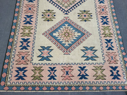 Hand Knotted Oushak Rug, Vintage 6 x 8.7 Rug, Handmade Turkish Rug, Persian Rug, Vintage Rug, Wool  Blue Large Rug