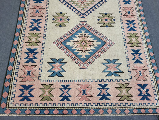 Hand Knotted Oushak Rug, Vintage 6 x 8.7 Rug, Handmade Turkish Rug, Persian Rug, Vintage Rug, Wool  Blue Large Rug