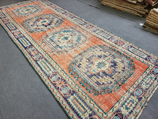 Distressed Runner Rug Vintage 4.2 x 10.9 Turkish Runner Rug Vintage Runner Rug Handmade Runner Rug Kitchen Runner Rug Persian Runner Rug