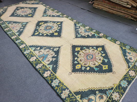 Oushak Runner Rug Turkish Runner 3.8 x 9.6 Rug, Vintage Runner Rug, Persian Hallway Runner Rug, Handmade Runner Rug Wool Anatolian Runner