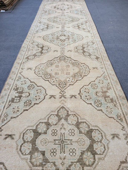Muted Oushak Runner Rug 2.8 x 11.3 Turkish Runner Rug Vintage Runner Rug Hand Knotted Runner Rug Persian Runner Rug Wool Runner Rug