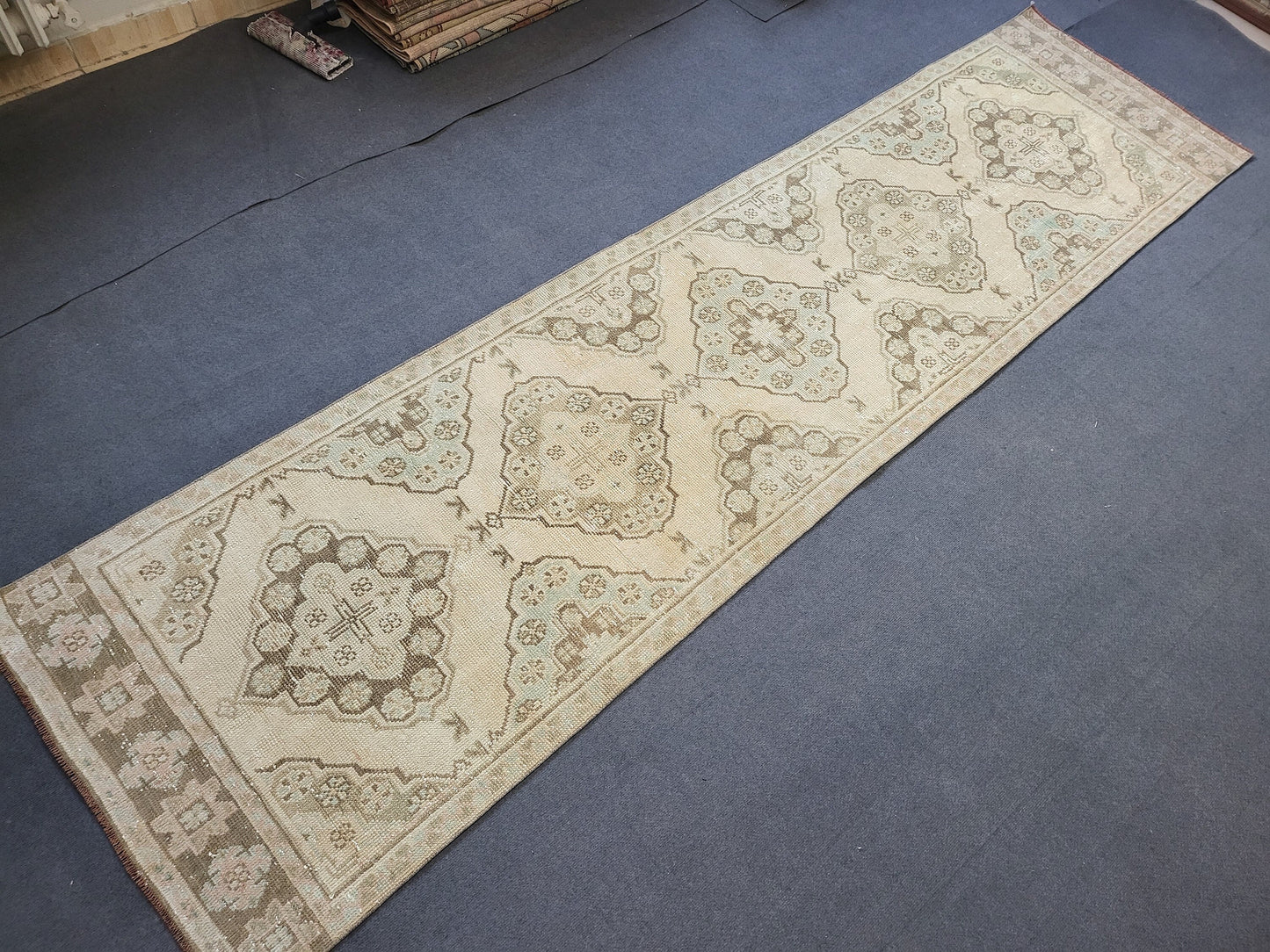 Muted Oushak Runner Rug 2.8 x 11.3 Turkish Runner Rug Vintage Runner Rug Hand Knotted Runner Rug Persian Runner Rug Wool Runner Rug