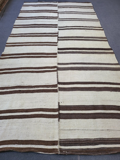 Neutral Vintage Rug Stripe  4.9 x 9.2 Wool Rug Muted Vintage Flat woven Rug Neutral Flatweave Carpet Stripped Rug Handmade Rug Turkish Kilim
