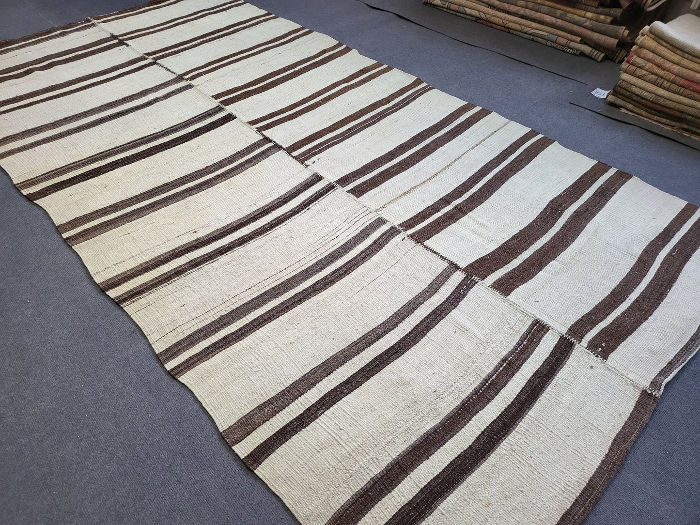 Neutral Vintage Rug Stripe  4.9 x 9.2 Wool Rug Muted Vintage Flat woven Rug Neutral Flatweave Carpet Stripped Rug Handmade Rug Turkish Kilim