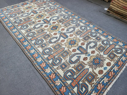 TURKISH Oushak Rug 3.5 x 6.5 Vintage Blue Oriental Rug Vintage Runner Rug Wool Kazak Rug Handmade Rug Hand Knotted Rug