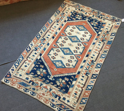 4x6 turkish blue rug bedroom rug, vintage oushak rug