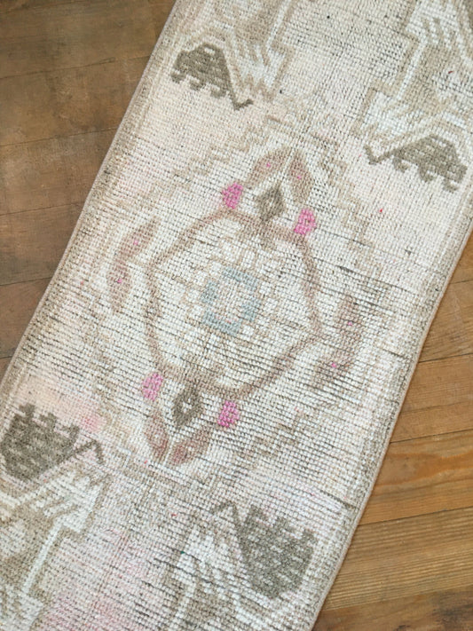 1.4 x 3.4 grey mini turkish rug, handmade brown bedroom area rug, bath mat