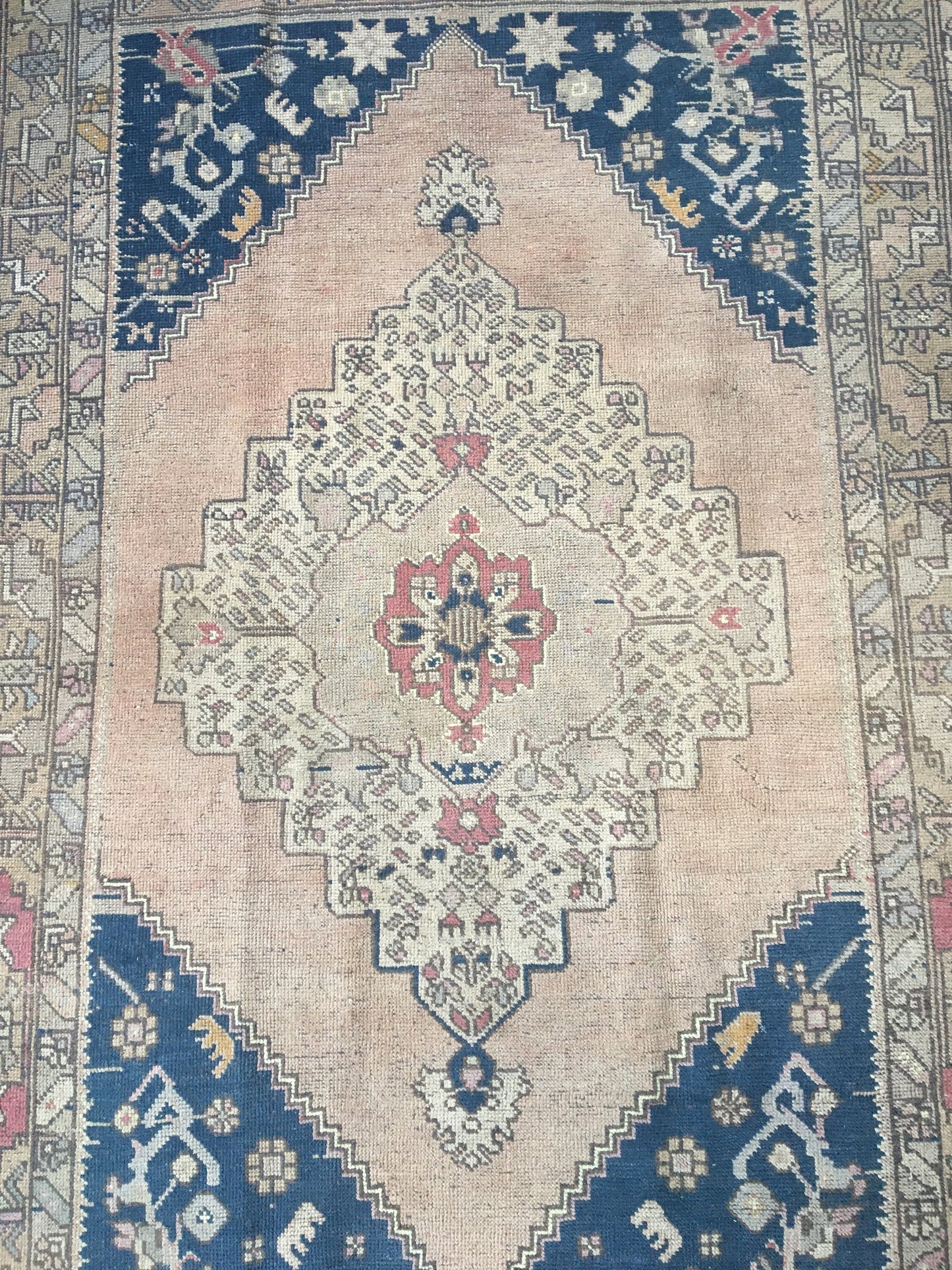 4.5 x 8 feet handmade area rug, vintage turkish muted rug, bohemian antique blue rug,