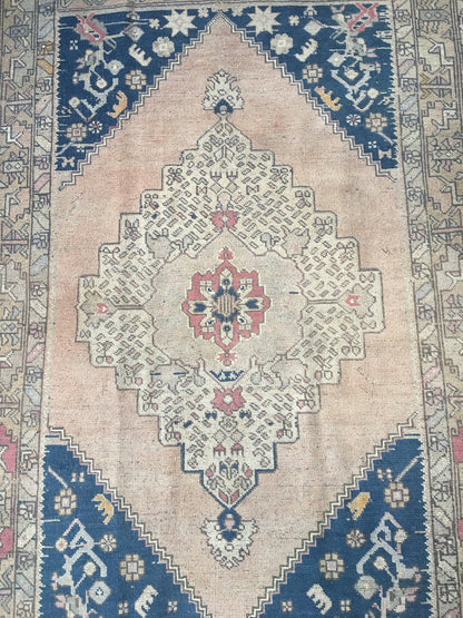 4.5 x 8 feet handmade area rug, vintage turkish muted rug, bohemian antique blue rug,