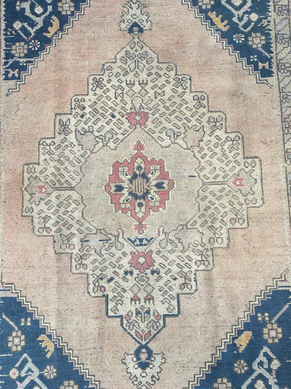4.5 x 8 feet handmade area rug, vintage turkish muted rug, bohemian antique blue rug,