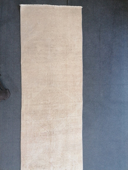 2.3 x 12.6 Neutral runner rug, muted Oushak runner, Turkish runner rug