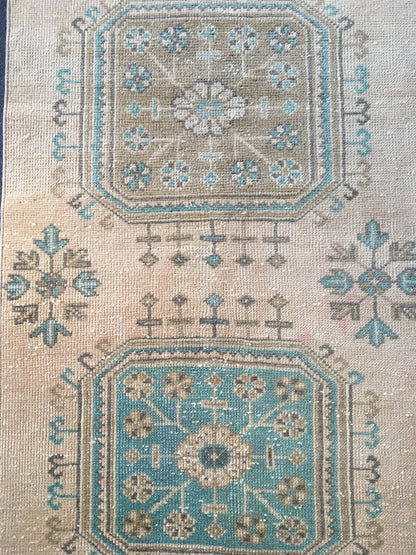 2.5 x 9 feet handmade long runner rug, wool teal overlong turkish runner