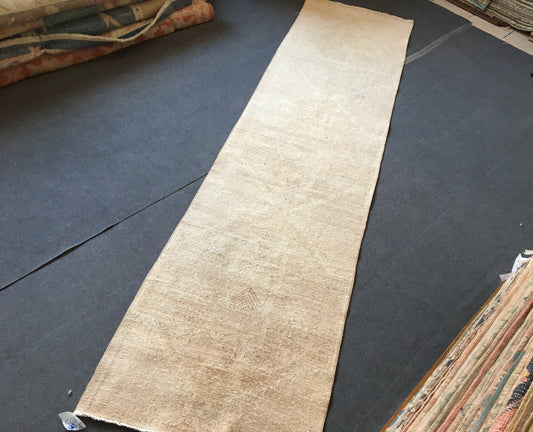 3x11 feet muted turkish wool runner, neutral runner runner,  faded vintage long runner rug, kitchen bohemian runner, hallway handmade runner