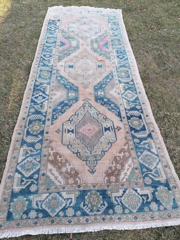 4.7 x 12.4 Turkish runner rug, vintage oushak runner rug, kitchen runner rug, vintage runner rug
