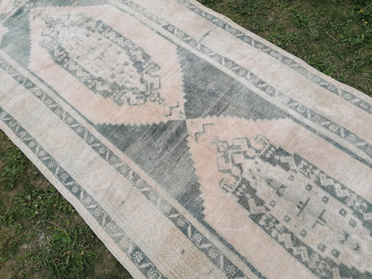 5 x 12.6 Muted soft colors rug, vintage turkish runner rug, oushak vintage anatolian rug