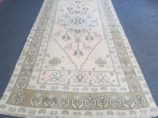 4 x 8.4 muted soft colors rug, faded vintage rug, pastel turkish oushak rug, anatolian rustic tribal rug