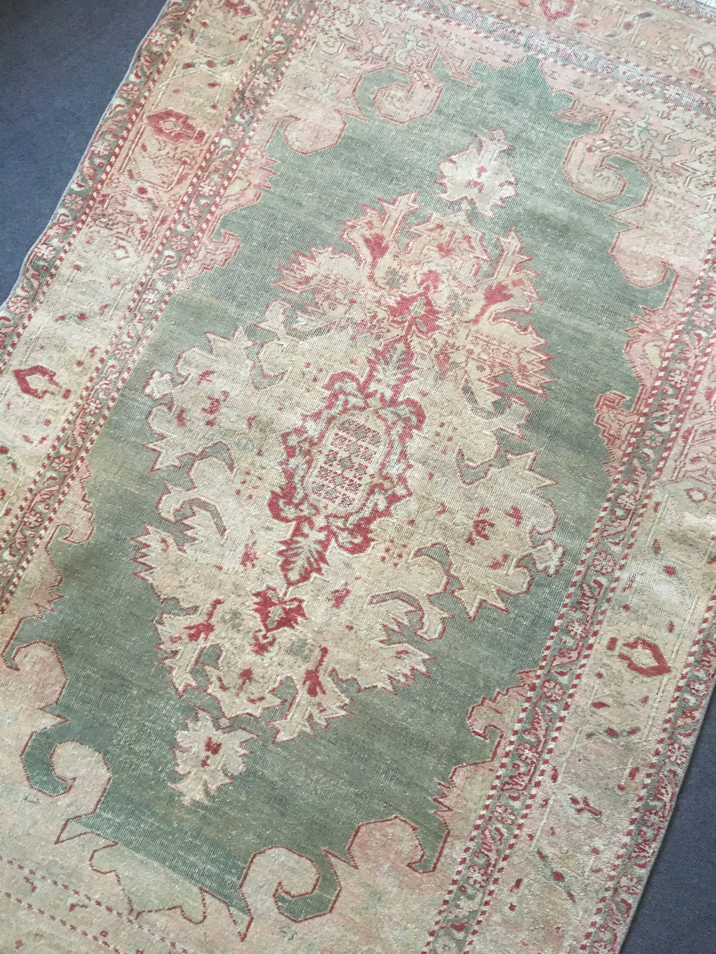 4x6 feet turkish green rug, vintage wool bedroom large rug, oushak handmade rug