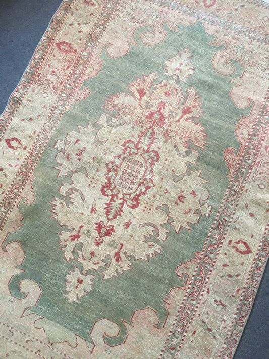 4x6 feet turkish green rug, vintage wool bedroom large rug, oushak handmade rug