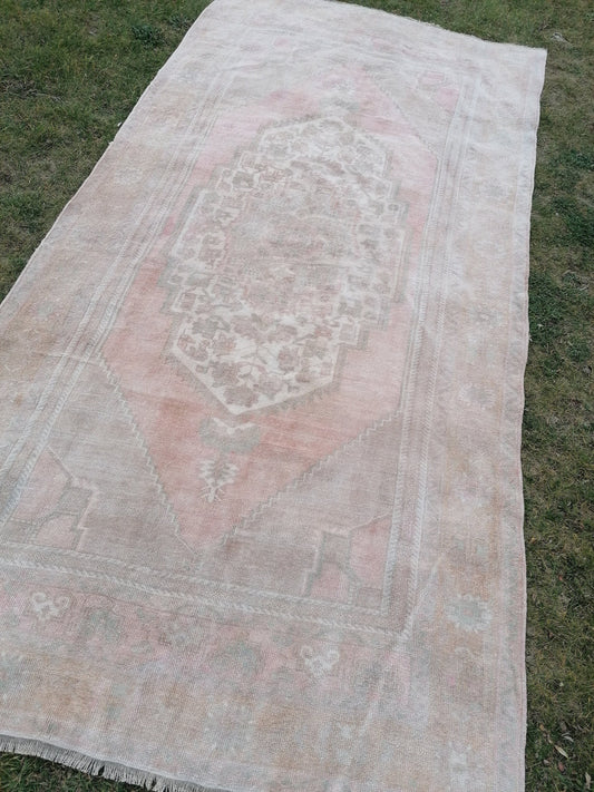 5.3 x 10 Muted runner rug, oushak turkish runner rug  pastel vintage runner rug, handmade wool runner, hallway runner rug