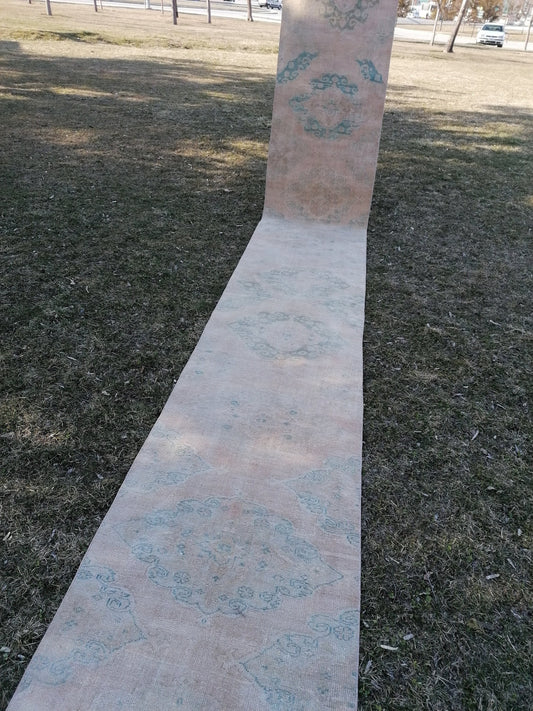 2.9 x 23.6 extra long oushak turkish runner rug, vintage turkish runner rug, stairs rug,