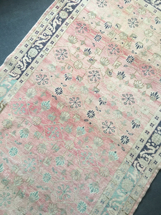 4x7 feet handmade muted large floor carpet, turkish vintage pink wool living room area rug,