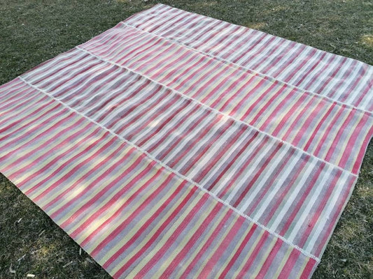 9.5 x 9.9 Flatwoven kilim rug stripe turkish handmade rug, Flatwoven vintage oushak rug, wool rug
