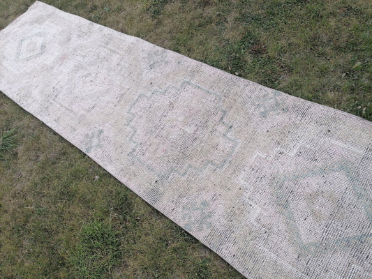2.8 x 10.6 Pastel runner rug, vintage runner, wool runner,hallway runner, hand made runner