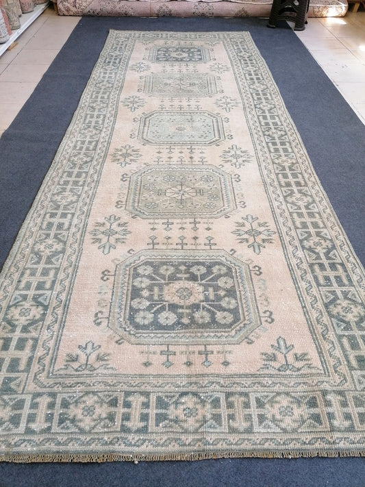 4.3 x 11.3 turkish runner rug, vintage oushak runner rug,