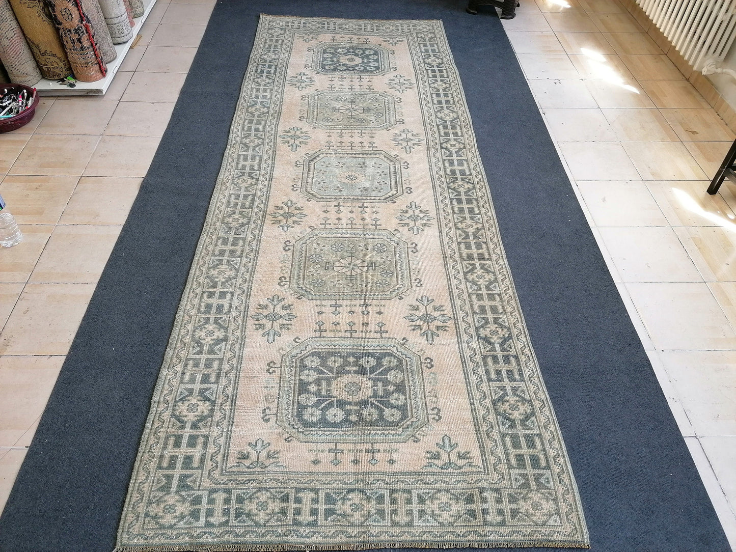 4.3 x 11.3 turkish runner rug, vintage oushak runner rug,