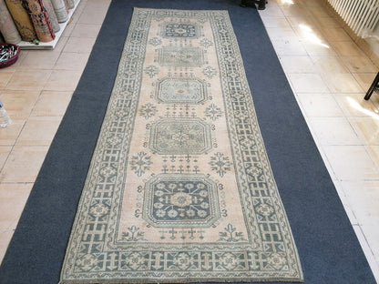 4.3 x 11.3 turkish runner rug, vintage oushak runner rug,