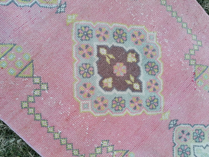 Vintage runner rug 2.10 x 22.10 pink extra long runner rug, oushak wool handmade runner