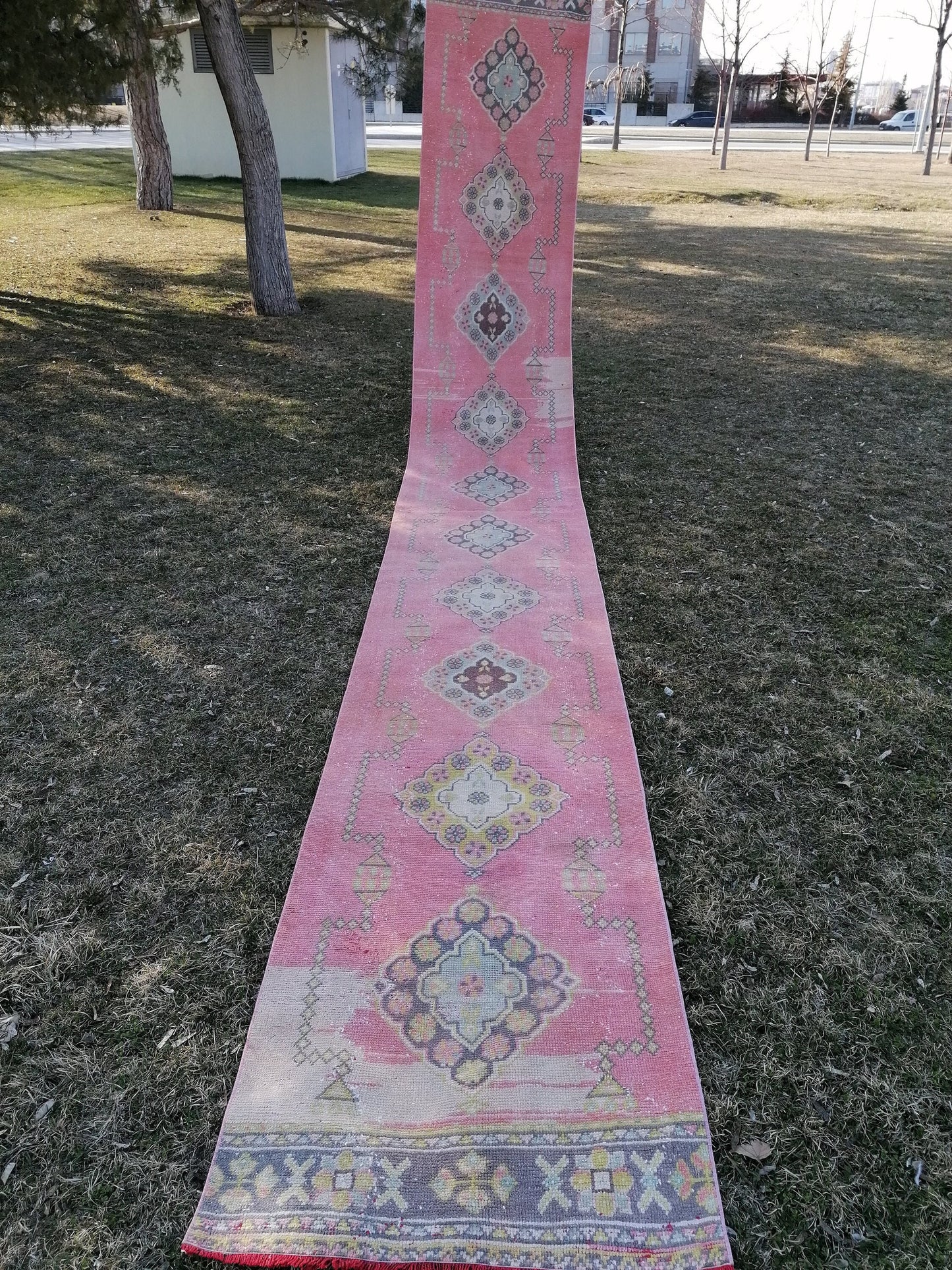 Vintage runner rug 2.10 x 22.10 pink extra long runner rug, oushak wool handmade runner