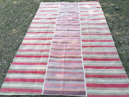 6.7 x 10 Flatwoven kilim rug, stripe turkish handmade rugs vintage turkish rug