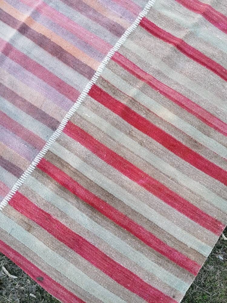6.7 x 10 Flatwoven kilim rug, stripe turkish handmade rugs vintage turkish rug