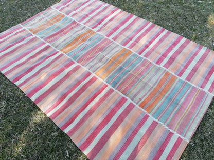 Flatwoven kilim rug 6.4 x 8.8  stripe hand made rugs, vintage turkish rug