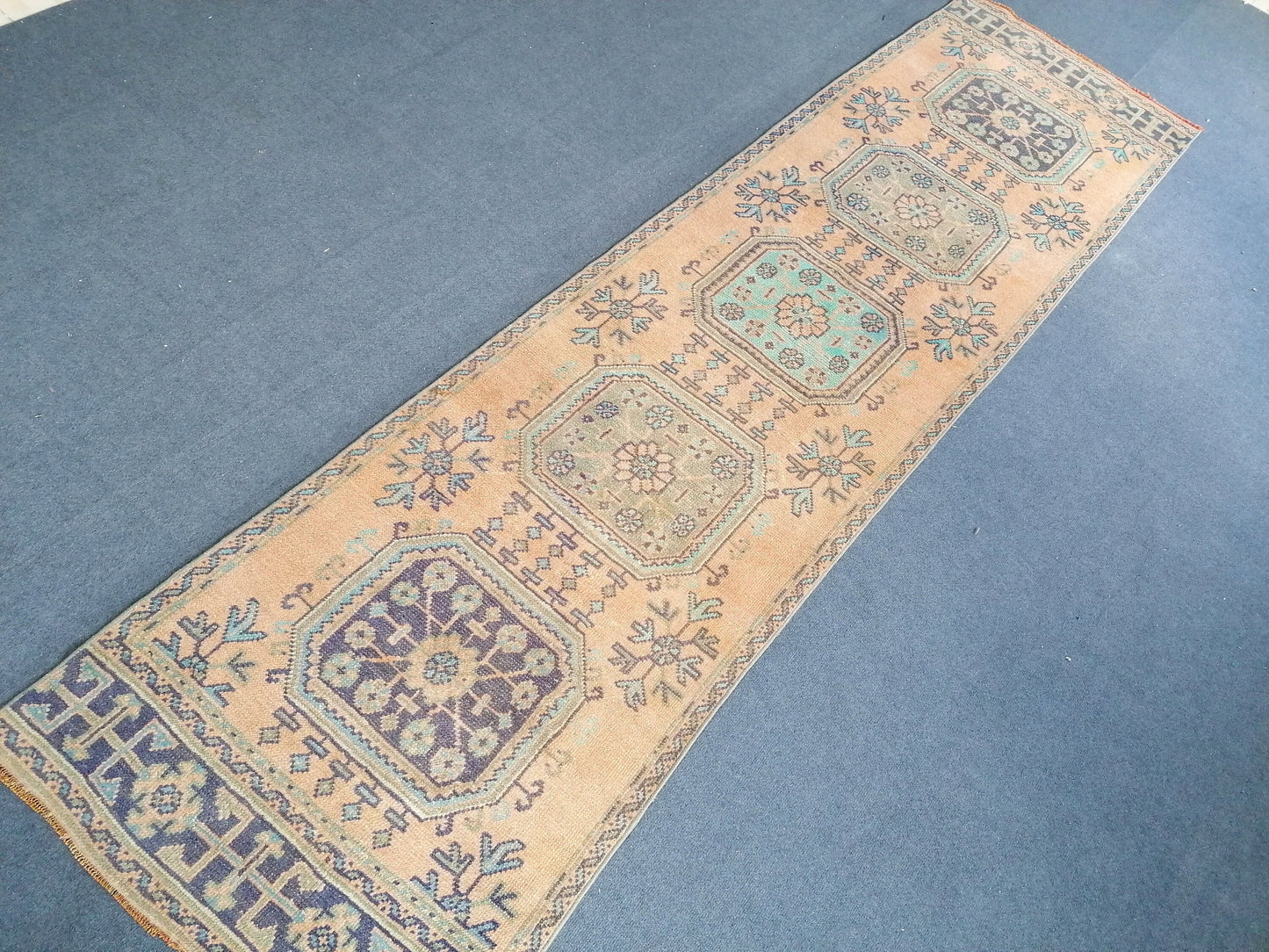 2.10 x 11 oushak turkish runner rug, vintage turkish runner rug,