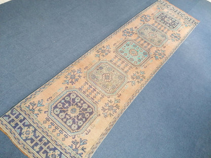 2.10 x 11 oushak turkish runner rug, vintage turkish runner rug,
