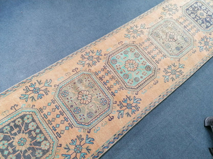 2.10 x 11 oushak turkish runner rug, vintage turkish runner rug,