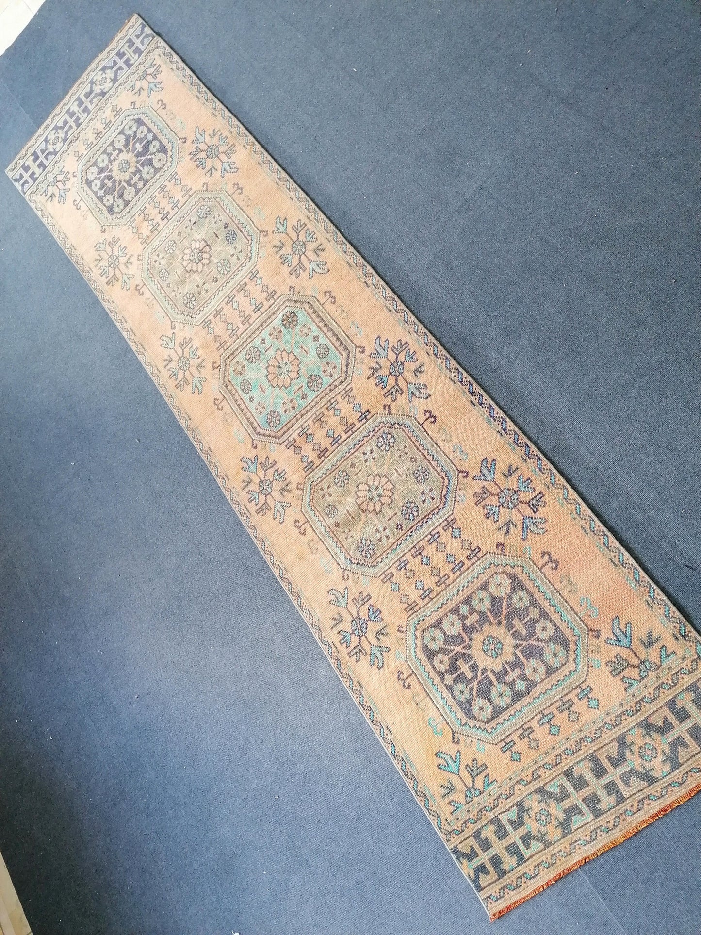 2.10 x 11 oushak turkish runner rug, vintage turkish runner rug,